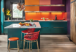 Kitchen design with vibrant hues, embracing contemporary color schemes
