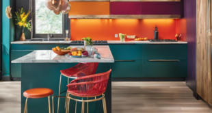Kitchen design with vibrant hues, embracing contemporary color schemes