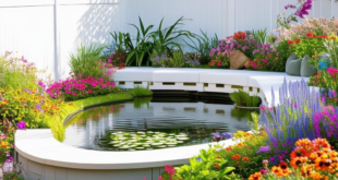 An amazing backyard with white high fences colorful flowers around wiht  a seating and  a small pond
