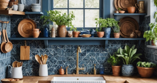 Boho kitchen with blue and grey
