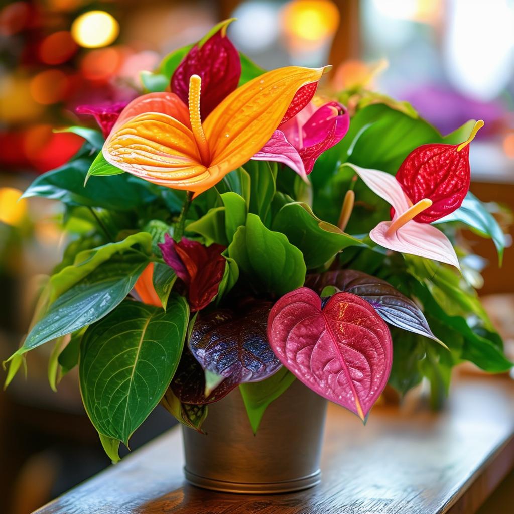 A container with colorful anthurium flowers and colorful other flowers with bokeh effect