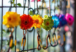colorful holyhooks on trellis with bokeh effect