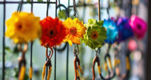 colorful holyhooks on trellis with bokeh effect