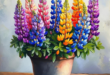 colorful lupines in pot