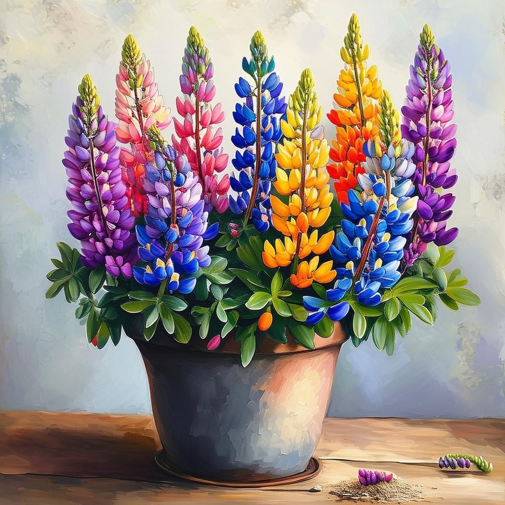 colorful lupines in pot