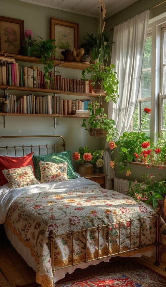 Snug Retreat: A Bedroom Oasis Surrounded by Bookshelves