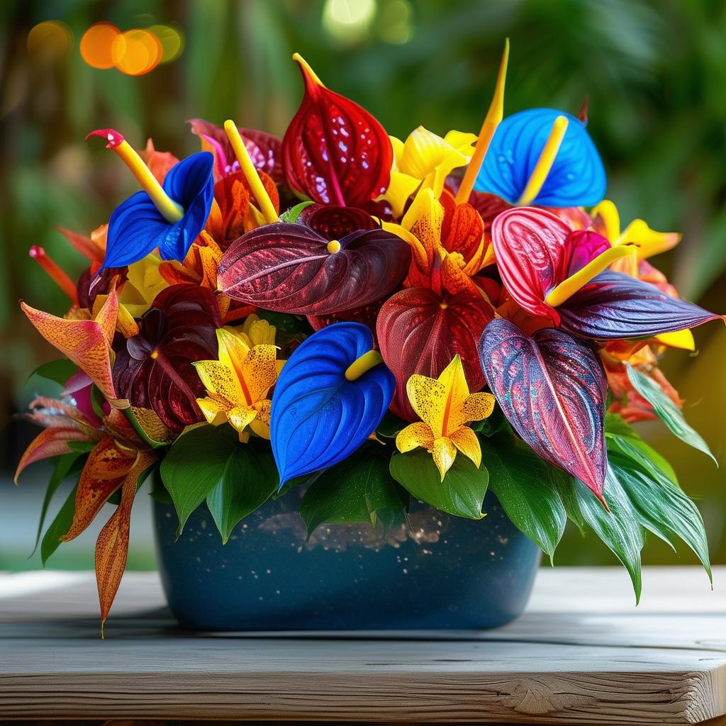 An amazing container with blue crimson yellow anthurium flowers and colorful flowers with bokeh effect