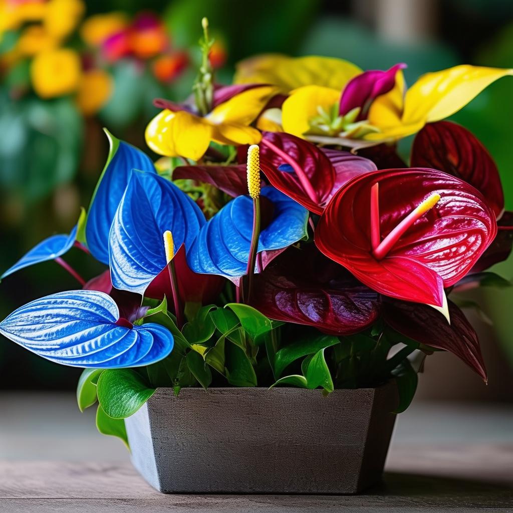 A container with blue crimson yellow anthurium flowers and colorful flowers with bokeh effect