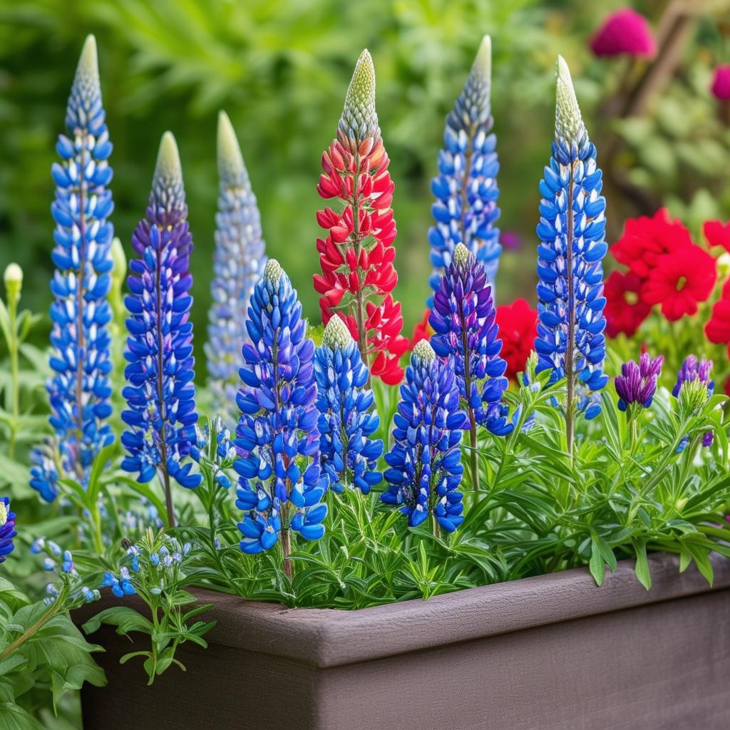 lupine flowers in planter and there are blue and red flowers next to lupines