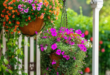garden decor with colorful hanging baskets