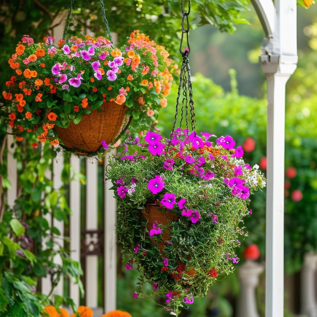 garden decor with colorful hanging baskets