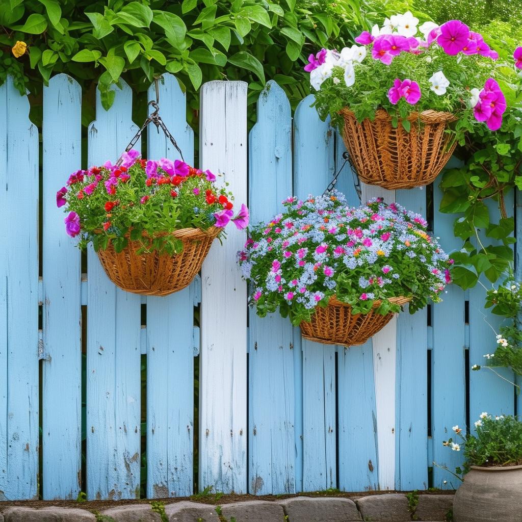 white and blue wood garden fence with colorful hanging baskets and flowers