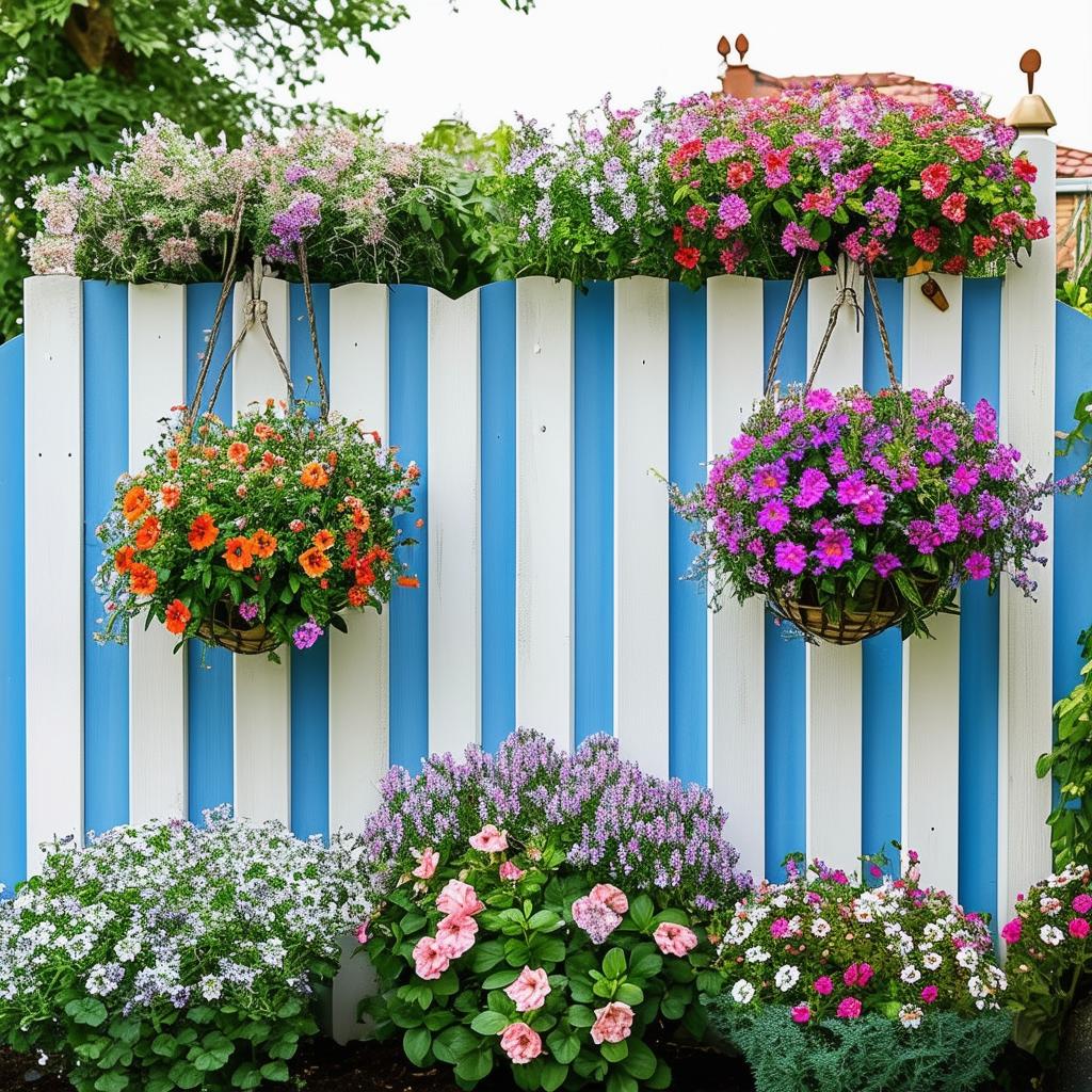 white and blue garden fence with colorful hanging baskets and flowers