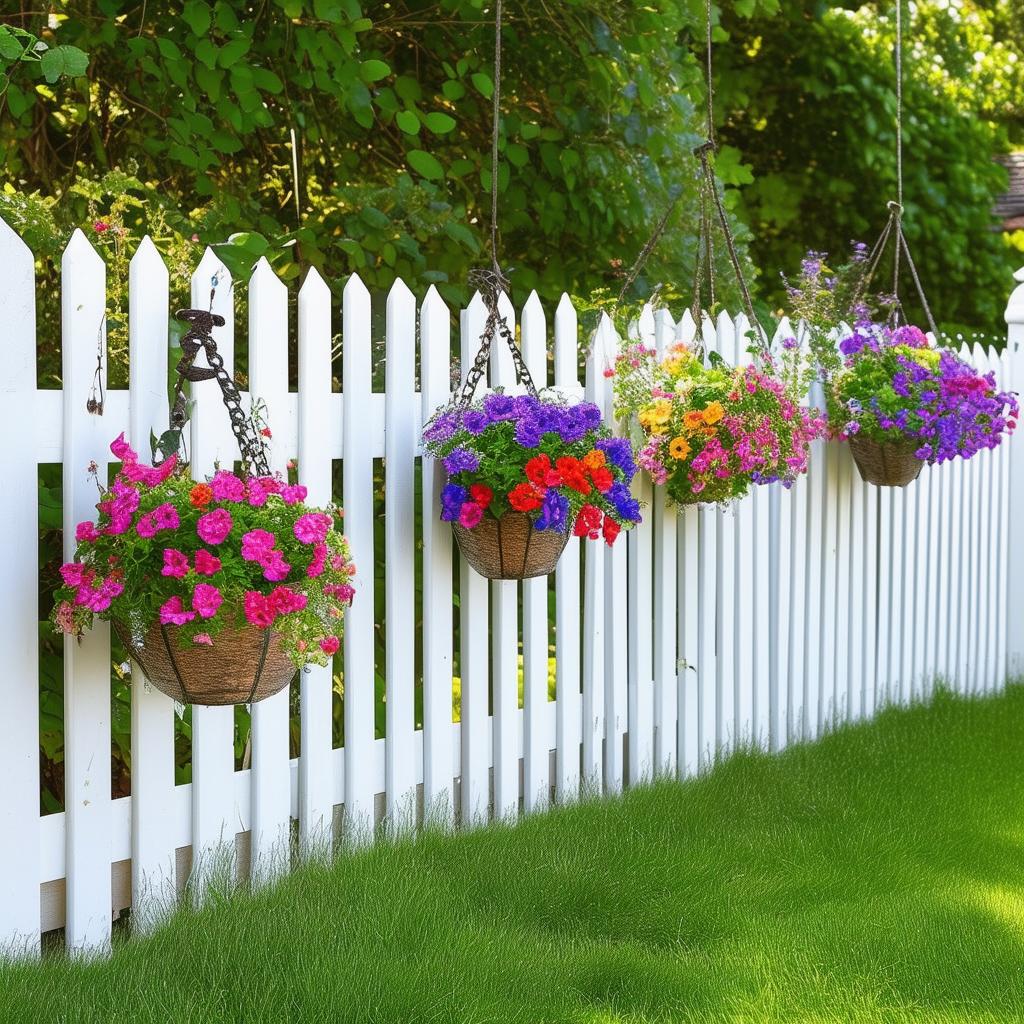 white and wood garden fence with colorful hanging baskets