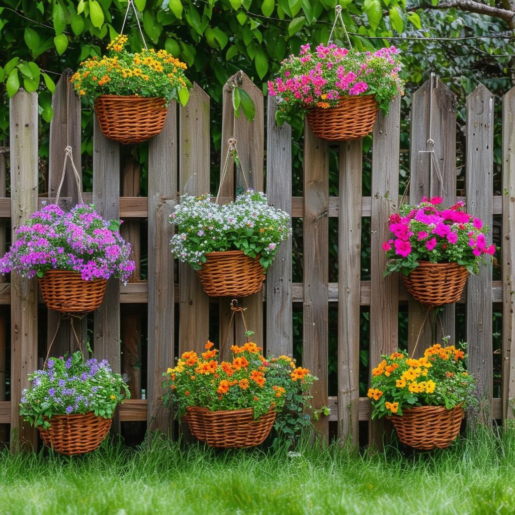 wood garden fence with colorful hanging baskets
