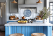 boho kitchen with blue and grey