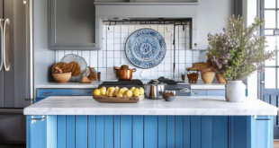boho kitchen with blue and grey