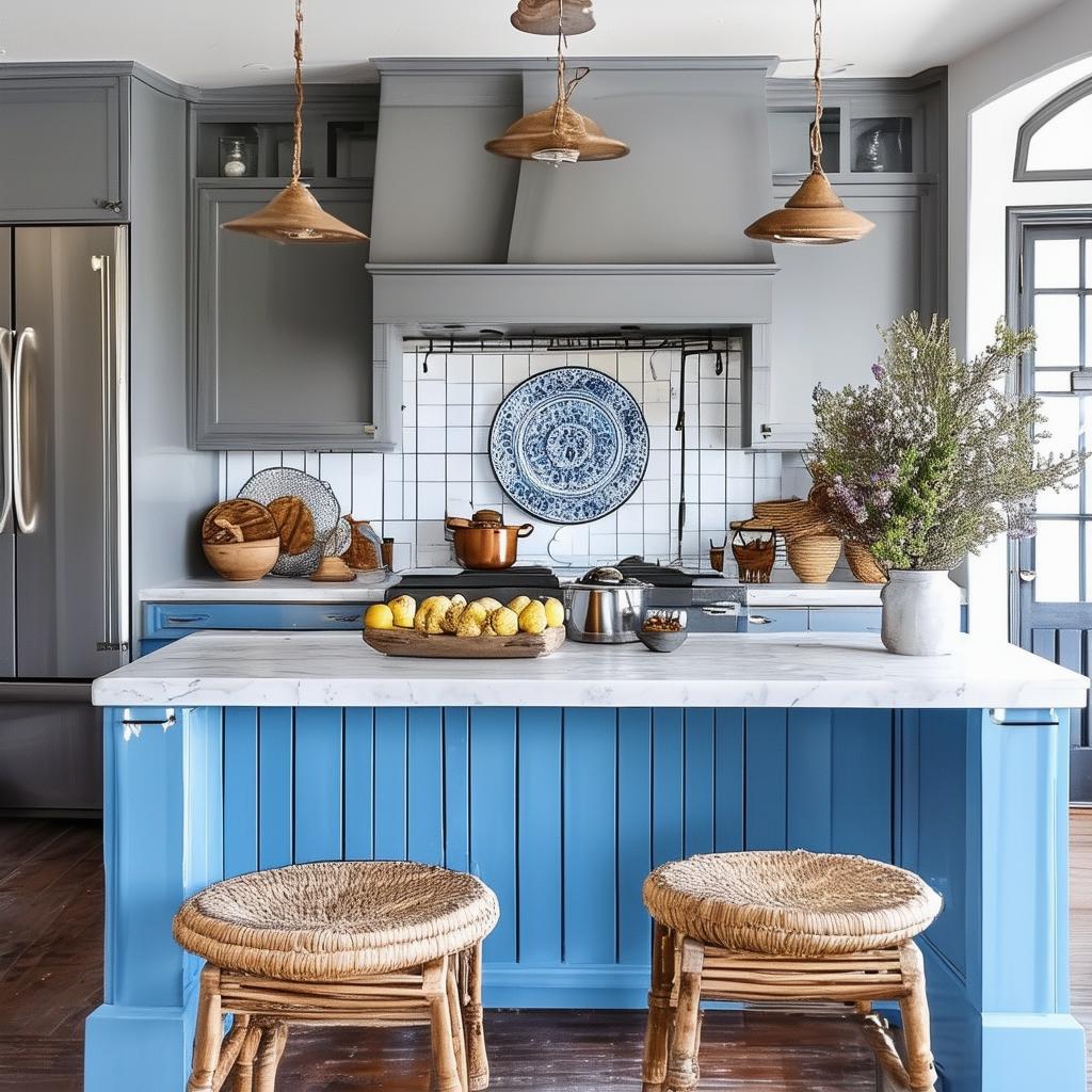 Boho kitchen with blue and grey