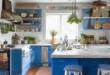 boho kitchen with blue and greying