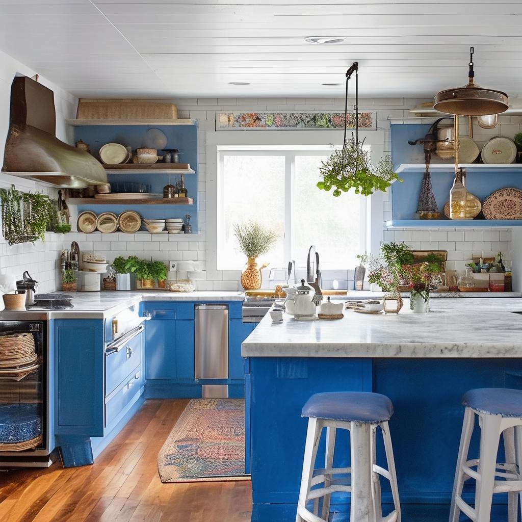 boho kitchen with blue and greying