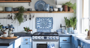 boho kitchen with blue and greys