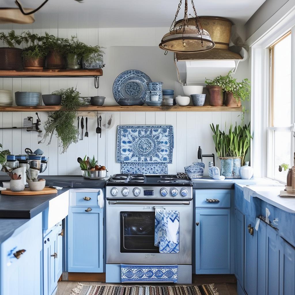 boho kitchen with blue and greys