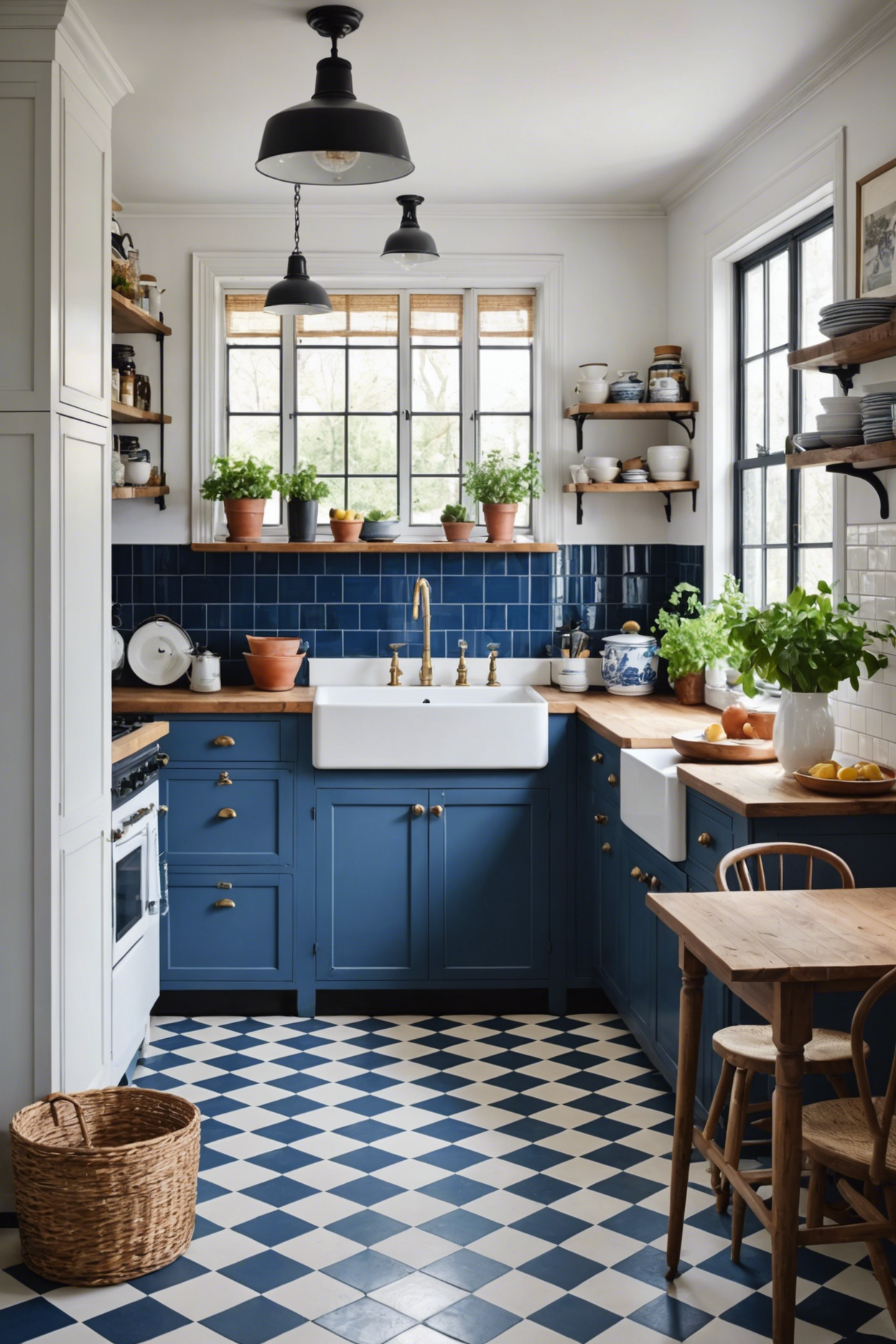 Modern vintage kitchen with blue and white aesthetic