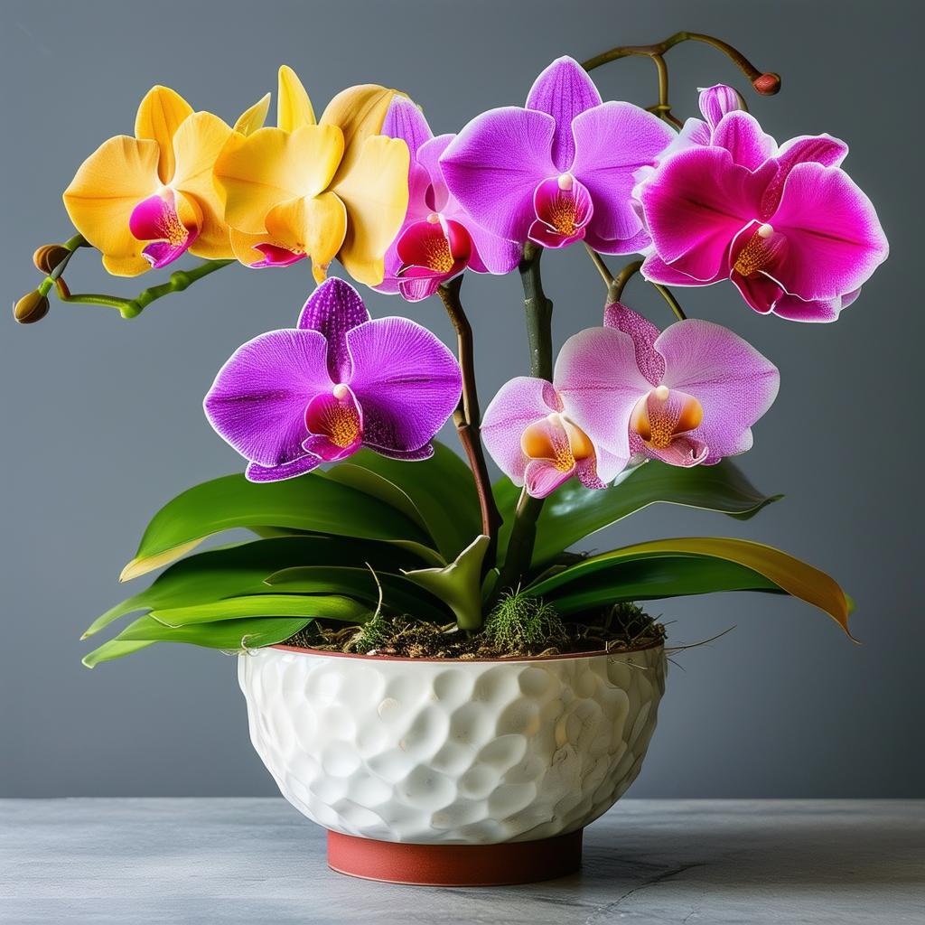 orchid pot with other colorful flowers